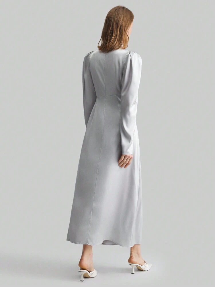 Women's Elegant Stand Collar Long Sleeve Faux Pearl Decor Simple Casual Long Dress, Light Grey