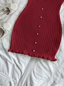 Soleia 性感舒适合身纽扣荷叶边下摆针织连衣裙 - 紅色 - 查看 5