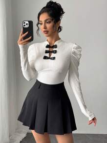 SHEIN Privé 女士优雅简约浪漫精致时尚约会/通勤编织刺绣蝴蝶结立领插肩袖拼色白色修身衬衫，适合秋季、冬季、春季情人节