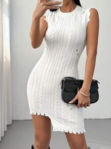 SHEIN Clasi Women Solid Color Distressed Asymmetric Hem Bodycon Sweater Dress - White - View 3