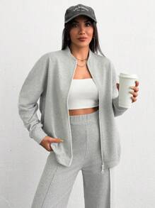 SHEIN Cottnline ZIP-UP LONG SLEEVE SWEATSHIRT & SWEATPANT CO-ORD - Grey - View 3