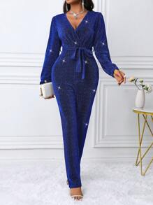 女士纯色 V 领闪亮连体裤，修身剪裁，简约休闲风格，适合日常穿着