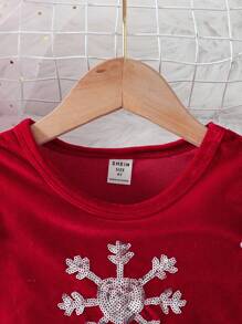 SHEIN 1 件年轻女孩优雅天鹅绒材质雪花串珠刺绣盖袖上衣带网眼裙、派对和宴会礼服 - 紅色 - 查看 5