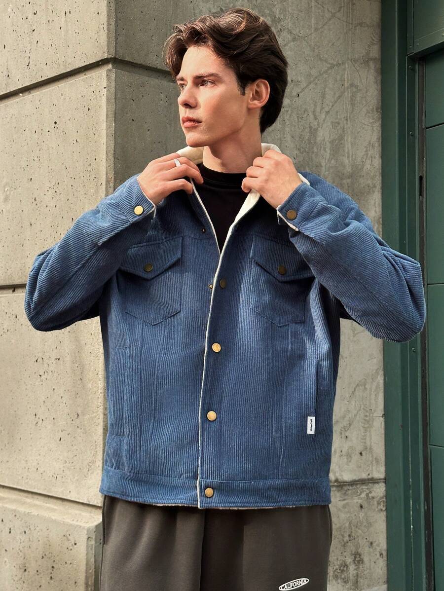 Manfinity VCAY Áo khoác nhung kẻ tay dài dáng rộng thoải mái cho nam, thời trang xuân/thu cho nam, dành cho mùa thu đông - màu nâu - Xem 1