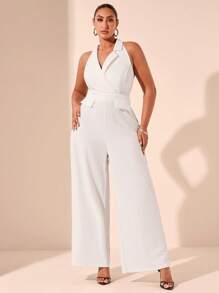 SHEIN BAE Plus Size Women White Elegant Jumpsuit Wide Leg Pants, Suitable For Valentine's Day, Summer, Birthday, Formal Occasions, Work, Party, Music Festival, High Waist, V-Neck - White - View 1