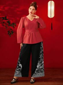 SHEIN Clasi 2 件大码纯色 V 领长袖上衣和裤子套装，简约风格 - 彩色 - 查看 4