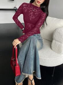 DAZY 女士薄纱蕾丝高领修身长袖衬衫，情人节/秋季服装 - 紅色 - 查看 4
