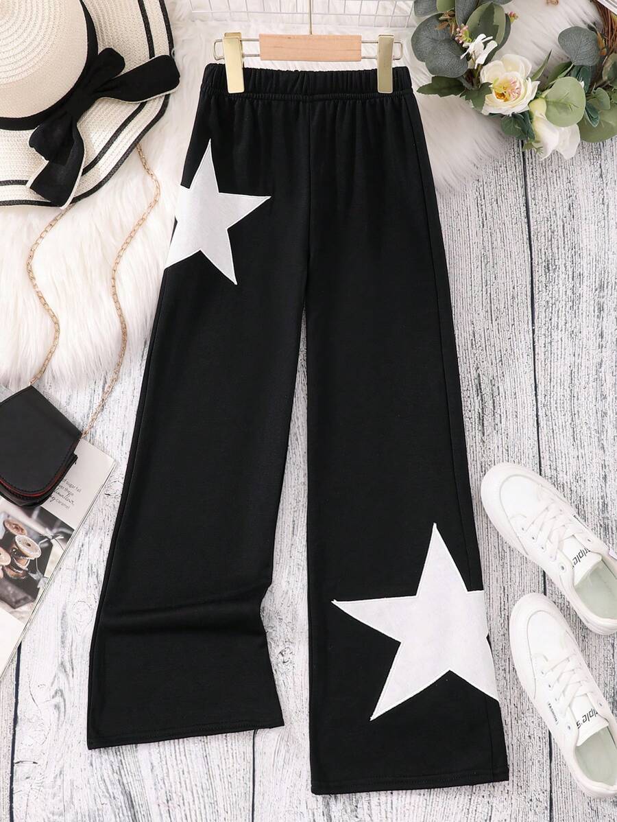 SHEIN Tween Girl Star Print Wide Leg Sweatpants - Black - View 1