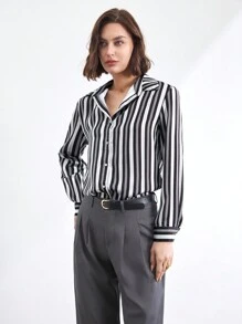 BizChic Kemeja Bergaris Wanita untuk Perjalanan, Pakaian Kantor, Elegan untuk Kerja, Kencan, Musim Semi/Panas - Hitam dan Putih - View 3