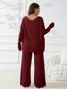 SHEIN Frenchy Plus Size Solid Color Crew Neck Long Sleeve Sweater And Pants Casual Outfits,Fall Sweaters - Burgundy - View 9