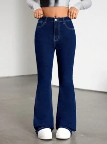 SHEIN Teen Girls Y2K Clothes Solid Washed Low Rised Embroidery Detail Flare Leg Jeans With Slanted Pocket - Medium Wash - View 3