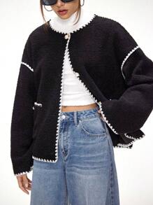 Forever 21 黑色 AutumnTeddy 女士保暖内衬保暖夹克。单排扣翻领刺绣撞色边长袖女士夹克。宽松、休闲、时尚的街头服饰。 - 黑色 - 查看 1