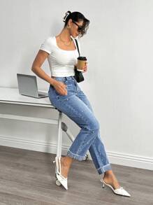 SHEIN Essnce 女式口袋仿珍珠装饰直筒宽松休闲百搭牛仔裤 - 藍色 - 查看 4