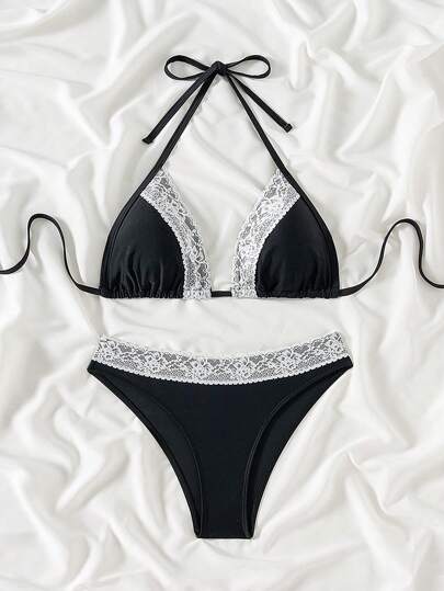 Slaydiva Summer Black Lace Trim Sexy Triangle Bikini Set For Women