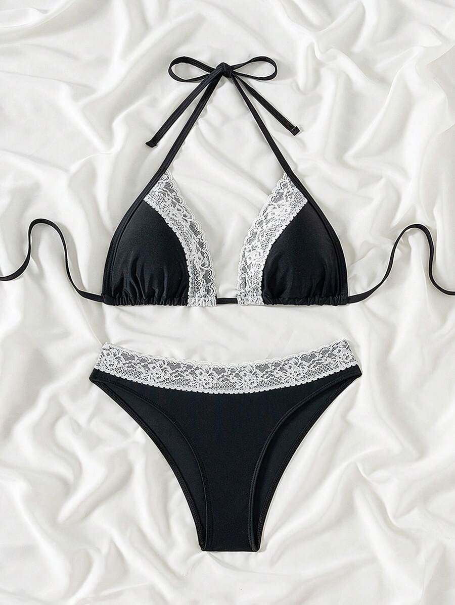 Slaydiva 夏季女士黑色蕾丝边性感三角比基尼套装 - 黑色 - 查看 1