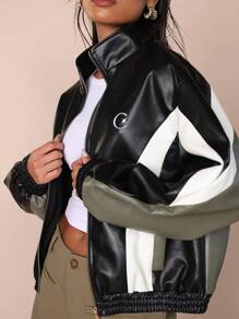 COSMINA Women's Solid Color Patchwork Front Zipper Long Sleeve Pocket Simple Casual Jacket