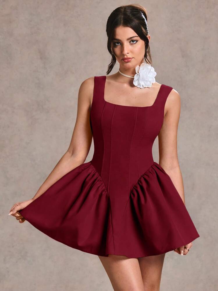 SHEIN BAE Vestido mini de mujer de color rosa sólido, sexy, simple y romántico con espalda descubierta, decoración de mariposa y manga abullonada. Adecuado para ceremonias de graduación, ocasiones formales, fiestas de cóctel, citas románticas, vestido interior de otoño/invierno, fiestas, discotecas, vestido de dama de honor de boda, vestido de noche, vestido de Halloween, vestido de Navidad - Burdeos - Añade 7