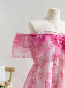 Soleia 1pc Plus Size Women's Holiday/Valentine's Day Ruffle Pink Rose Print Organza A-Line Dress With Ruffle Trim - Multicolor - View 6