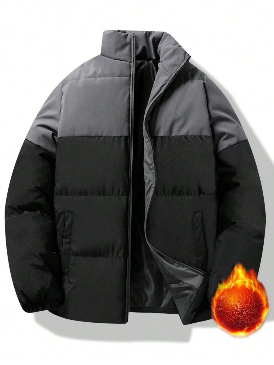 Manfinity Sport Corelite Men's Solid Color Splicing Front Zipper Long Sleeve Sports Jacket, Puffer Jacket - Grey - View 1