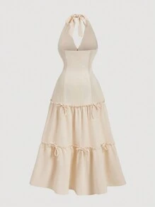 SHEIN MOD Plus Size Apricot Romantic Multi-Layer Vintage Palace Ruffled Neck Dress For Women - Apricot - View 2