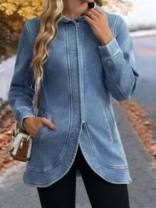 SHEIN LUNE Women's Front Zip Long Sleeve Pocket Simple Casual Denim Jacket - Blue - View 1