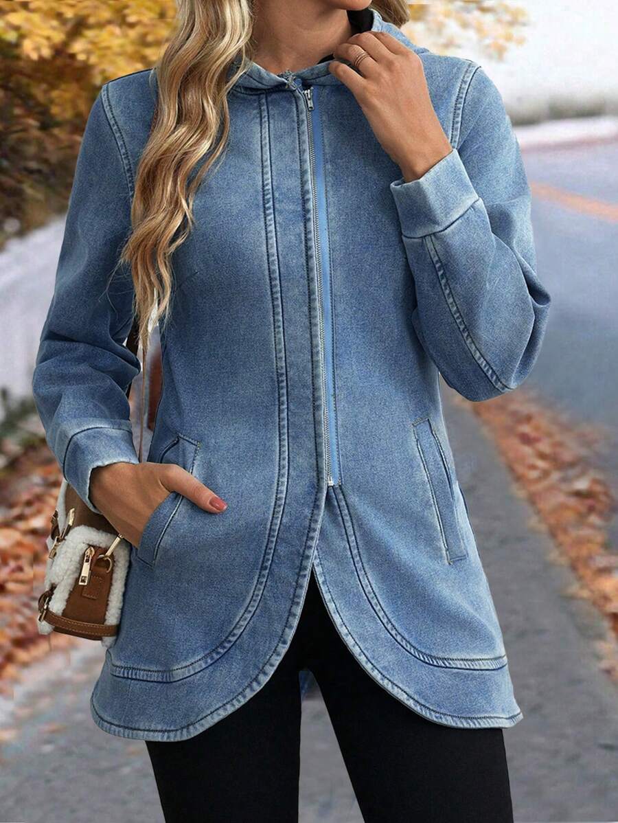 SHEIN LUNE Women's Front Zip Long Sleeve Pocket Simple Casual Denim Jacket - Blue - View 1