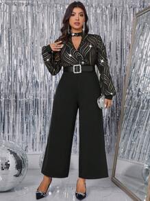 Allurite Plus Size Women Foil Striped V-Neck Lantern Sleeve Wide Leg Elegant Jumpsuit