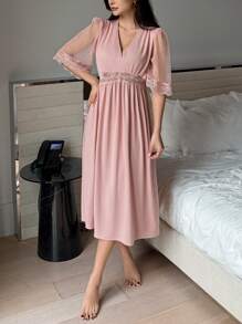DAZY Lace Patchwork Sexy V-Neck Long Nightgown