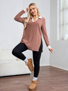 SHEIN LUNE 撞色长袖 Polo 领长款 T 恤，带纹理保暖羊毛，女款，秋冬款