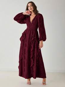 Enchnt Đầm Maxi Thanh Lịch Cổ Chữ V Tay Phồng Viền Xếp Ly Màu Trơn Cho Nữ - Màu Đỏ Sâu - Xem 7