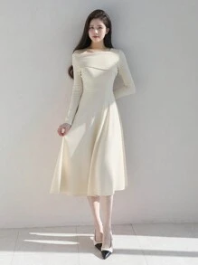 DAZY 纯色不对称领长袖A字优雅连衣裙，秋季连衣裙/长款连衣裙 - 白色 - 查看 5