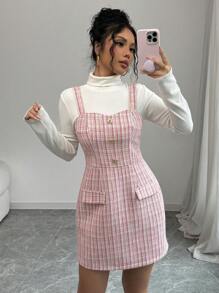 Chiquease Robe-salopette plaid rose élégante pour femmes, convenant pour la rentrée scolaire, les trajets, les fêtes, l'automne/hiver - Rose bonbon - Voir 1