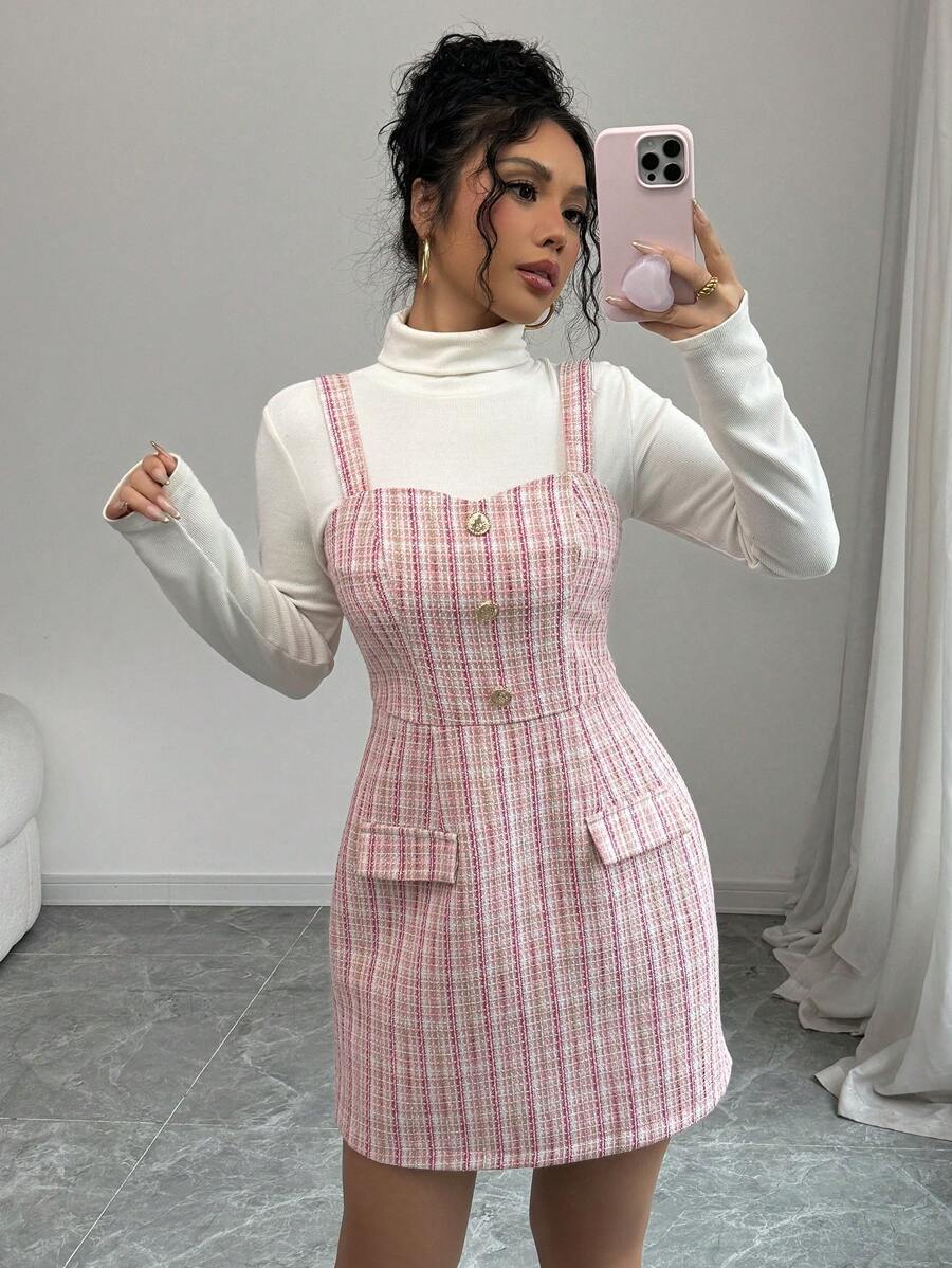 Chiquease Robe-salopette plaid rose élégante pour femmes, convenant pour la rentrée scolaire, les trajets, les fêtes, l'automne/hiver - Rose bonbon - Voir 1