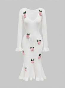 ROMWE 浪漫花卉钩针蕾丝毛衣裙，性感美人鱼轮廓，适合情人节 - 杏色 - 查看 1