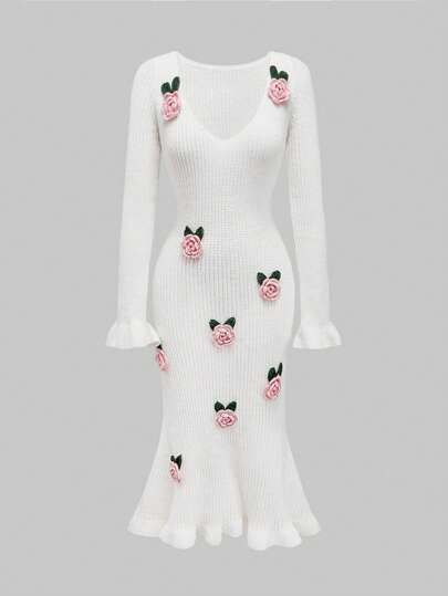 Romantic Floral Crochet Lace Sweater Dress, Sexy Mermaid Silhouette, Suitable For Valentine's Day