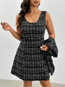 SHEIN Frenchy Bộ 2 món áo sơ mi kẻ caro tay dài cài nút phía trước cỡ lớn và váy thường ngày - Đen và trắng - Xem 3