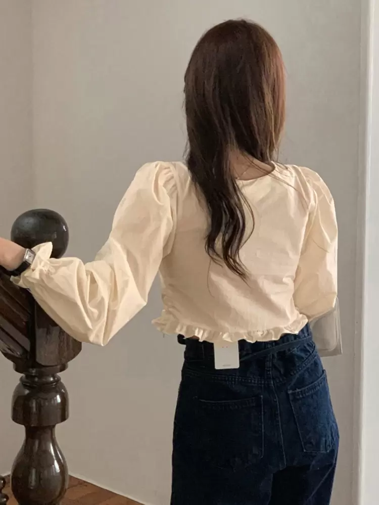 Women's Solid Color Lantern Sleeve Tie-Up Cropped White Long Sleeve Shirt, Apricot, Spring/Summer