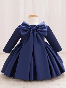 Glamorique Kids 女婴派对生日礼服，绿色短袖蓬松薄纱裙，背面饰有可爱蝴蝶结，适合圣诞节和全年穿着的可爱公主装 - 藏蓝色 - 查看 1