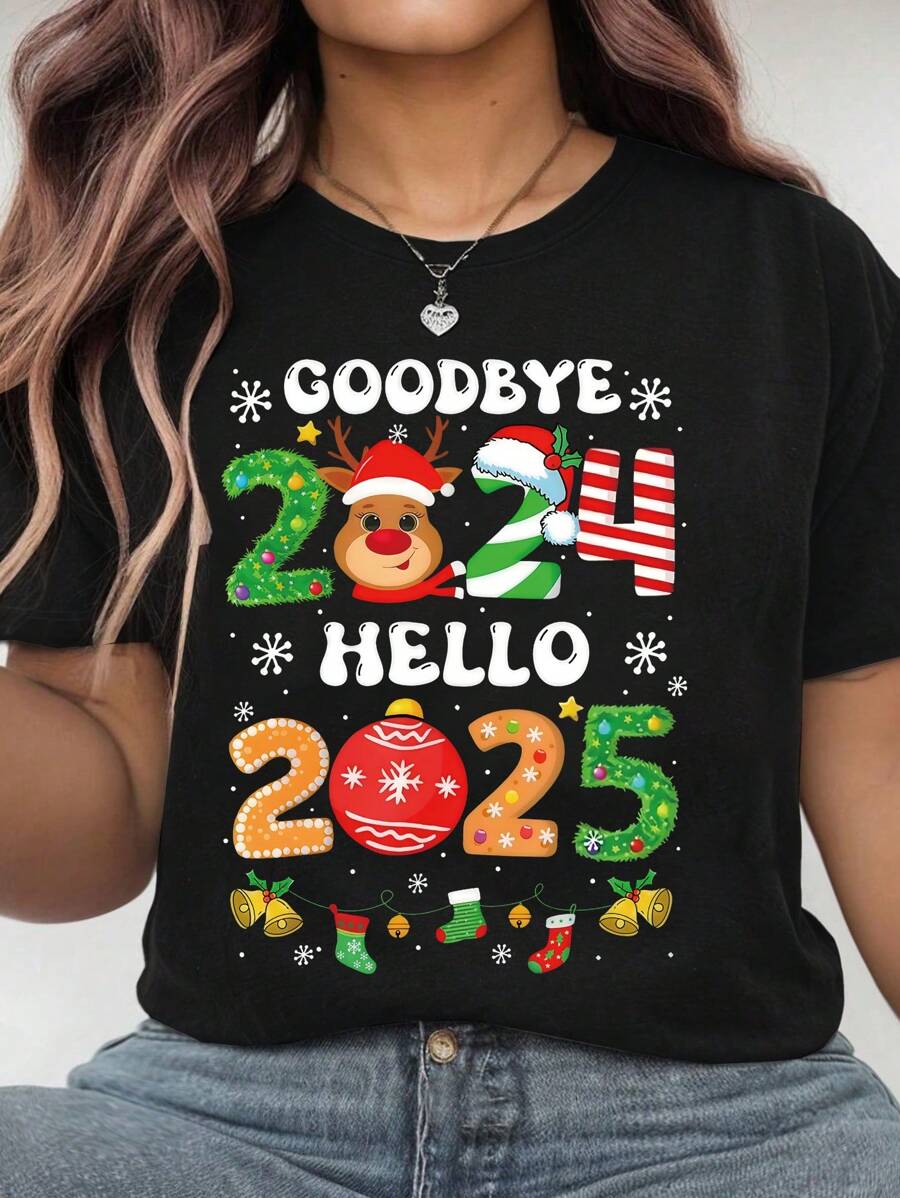 Flirla Christmas Round Neck Short Sleeve T-Shirt, Women's Plus Size Short Sleeve With Slogan Graphic, Merry Christmas T-Shirt, Suitable For Spring And Summer Graphic Tees Women Tops - Black - View 1