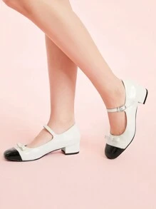 CUCCOO DOLLMOD 圆头粗跟时尚黑白撞色蝴蝶结可爱芭蕾风格日常穿着女士高跟鞋情人节 - 黑與白 - 查看 2