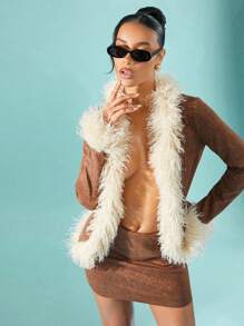 Hauture 2 pièces Ensemble Top à manches longues et jupe décontracté en patchwork de fourrure pour femmes