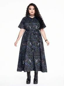 ROMWE Plus Size Goth Botanical Snake Skin Print Sukienka dopasowana w kształcie litery A z rozcięciem u dołu - Wielokolorowe - Zobacz 5