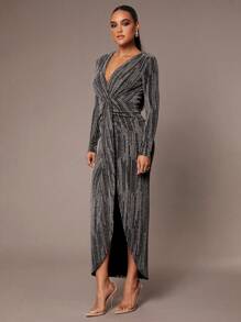 Silquee Women's Elegant And Gorgeous Party Women's Long Sleeve Suitable For Autumn And Winter Glitter Slim Fit V-Neck Shoulder Pad Dress Draped Design Halloween,Thanksgiving,Christmas,New Year Eve Outfit