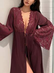 DAZY Lace Patchwork Satin Romantic Semi-Sheer Flare Sleeve Robe Pajama - Burgundy - View 4