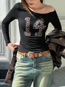 Jouncy 女士秋季字母豹纹不对称领长袖休闲上衣 - 黑色 - 查看 3