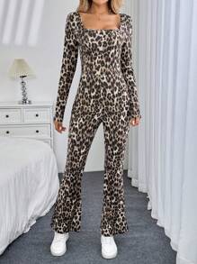 SHEIN LUNE Square Neck Fitted Jumpsuit Flare Pants Vintage Leopard Print Casual Commuting Elegant Streetwear Comfortable Home Wear Warm Autumn/Winter One-Piece Pants For Women Cheetah Print Jumpsuits For Woman