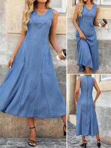 Robe mi-longue casual ample à col V sans manches de couleur unie pour femmes - Jean clair - Voir 1