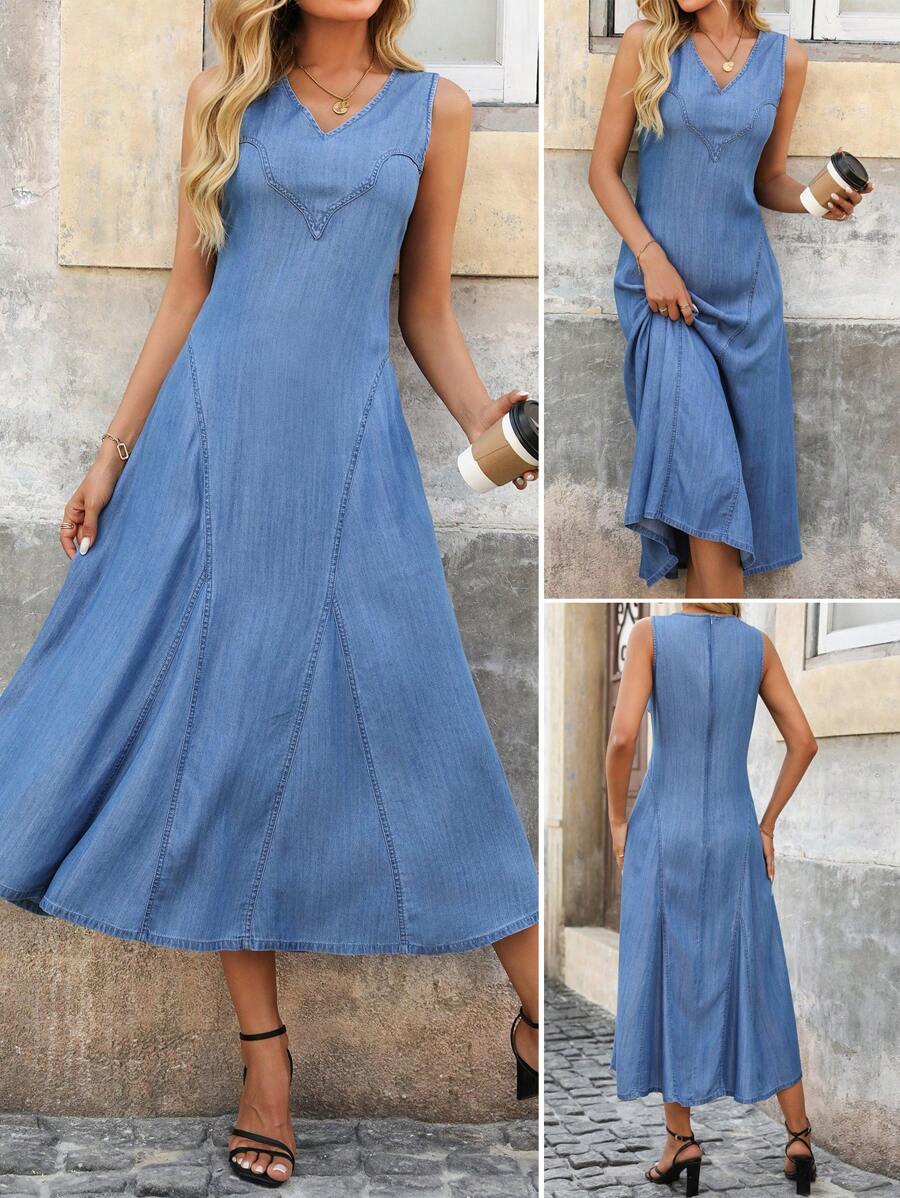 Robe mi-longue casual ample à col V sans manches de couleur unie pour femmes - Jean clair - Voir 1