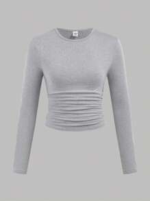 SHEIN Girlism 4pcs/Set Girls Solid & Striped Crew Neck Ruched Waist Long Sleeve Tight Fit Tops, Combo Set (Black, White, Gray) - Multicolor - View 5