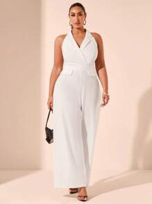 SHEIN BAE Plus Size Women White Elegant Jumpsuit Wide Leg Pants, Suitable For Valentine's Day, Summer, Birthday, Formal Occasions, Work, Party, Music Festival, High Waist, V-Neck - White - View 3